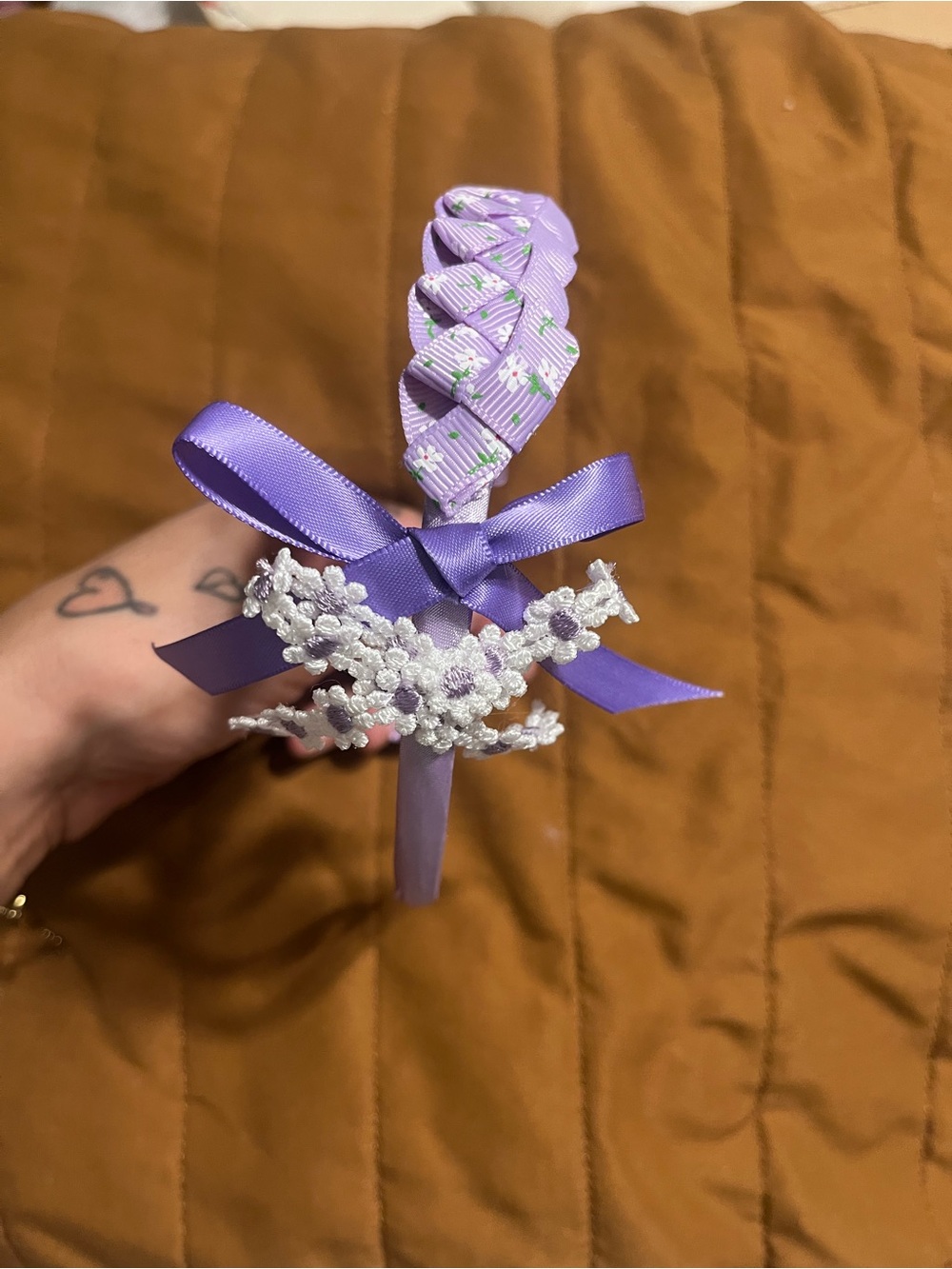 Lavender Braided Ribbon Headband with White Floral Lace and Bow